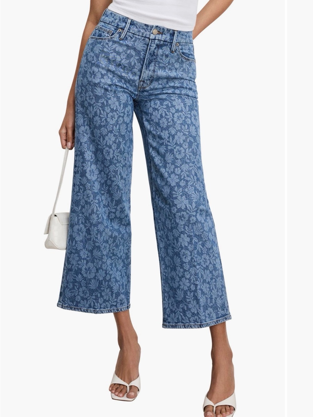 Good American Blue Floral Cropped Wide-Leg Jeans
